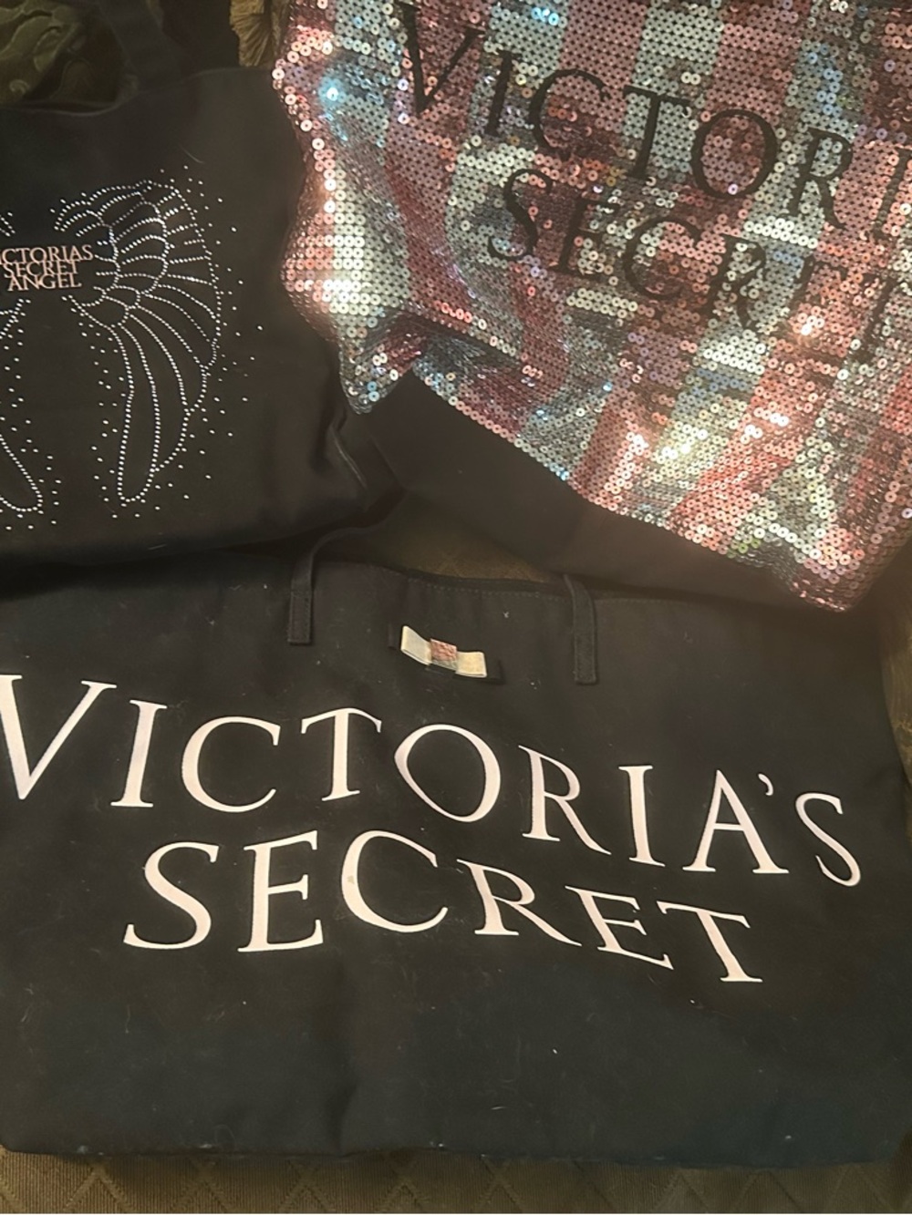 Three Victoria's Secret Sequin Plaid Tote in Pink, Silver, Black